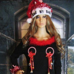 Upcycled Ugly Naughty Christmas Sweater Ring My Bells Hat and Handbag